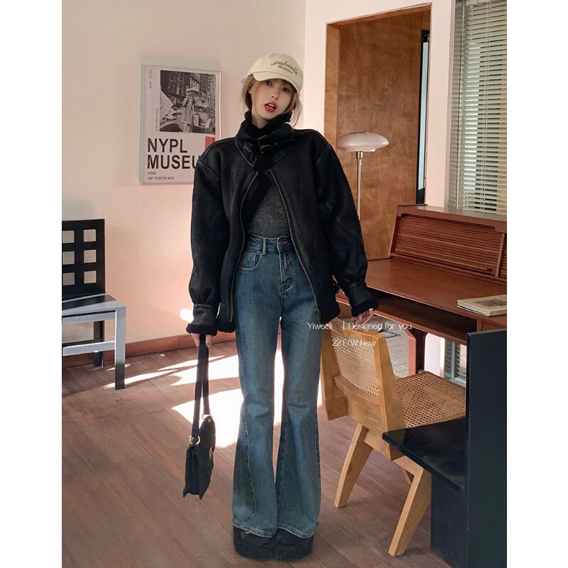 Jeans Women Retro Casual Flared Pants Autumn New Hong Kong Style Irregular Slim Trousers Simple Fashion Versatile Fe